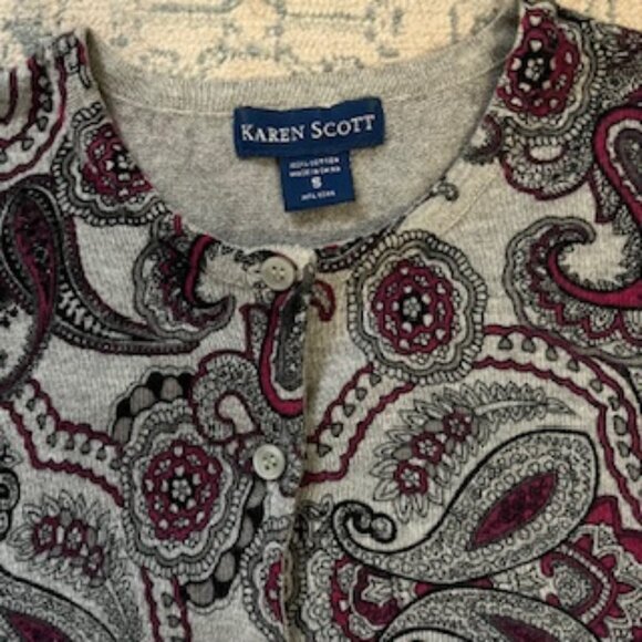 🧡3/15 Karen Scott Paisley Print Cotton Gray Cardigan Women's S - Picture 2 of 7